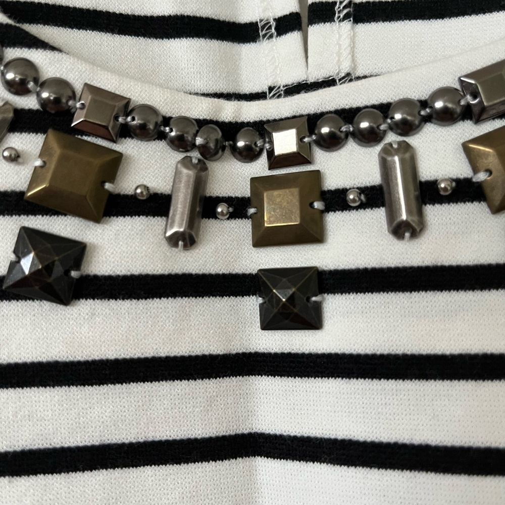 Striped Black and White Sleeveless Top with embellishment at neckline - Picture 2 of 11